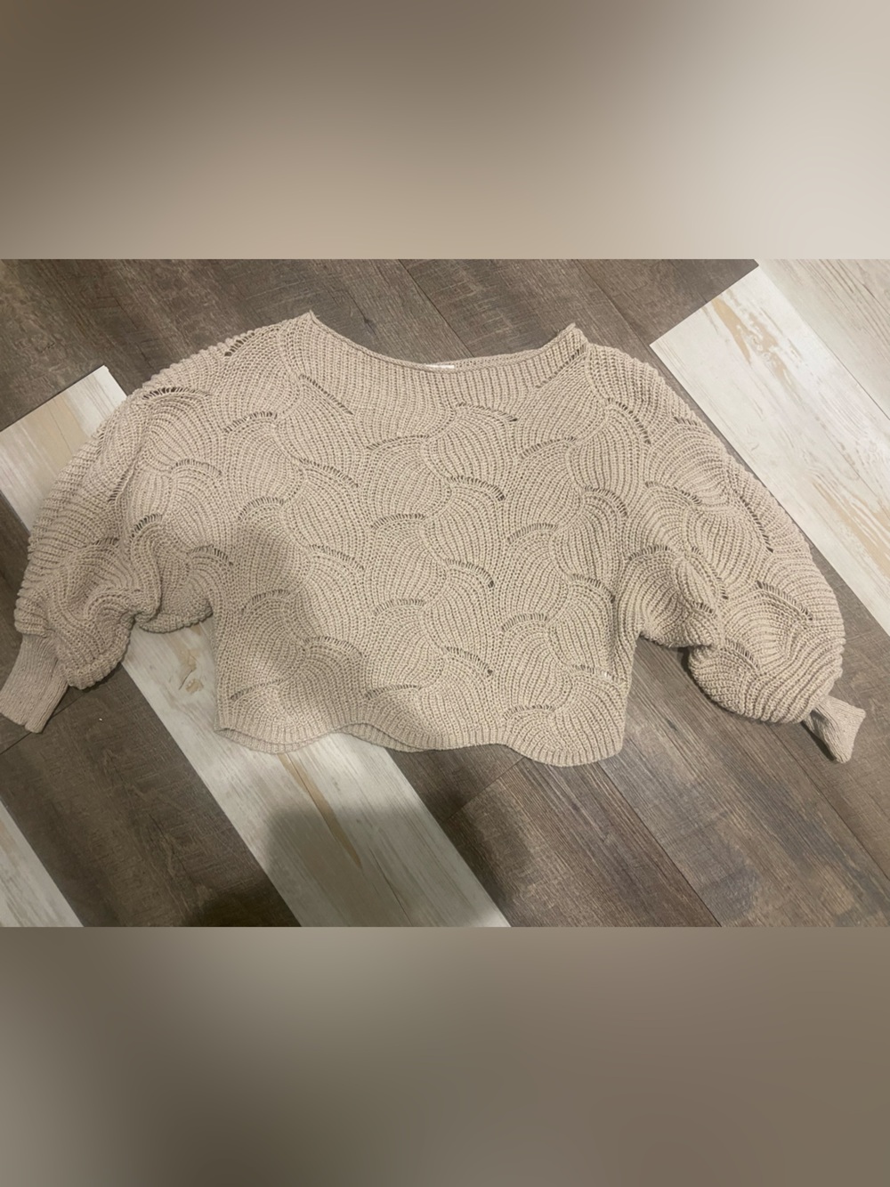 Textured Scallop Knit Crewneck Sweater - Beige